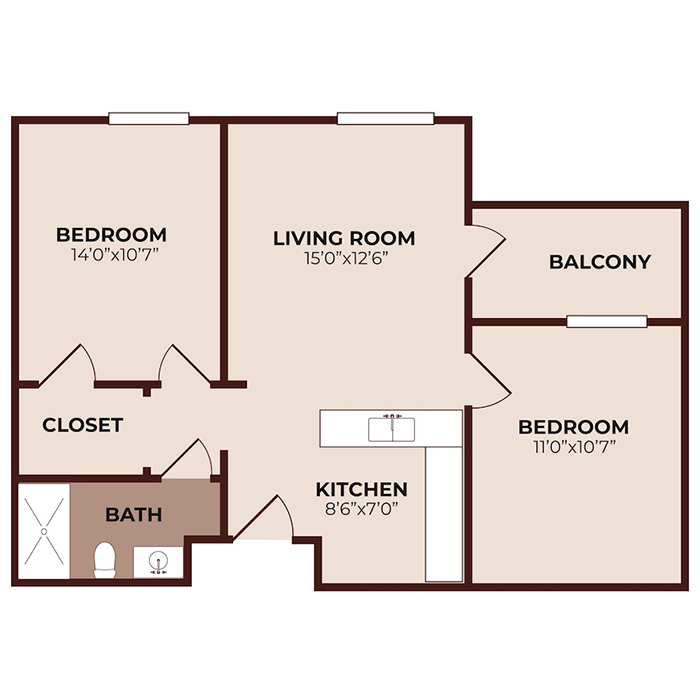Floor plan of a two-bedroom apartment featuring a living room, kitchen, bathroom, closet, and balcony. Dimensions for each room are labeled, and all rooms are connected by a central hallway.