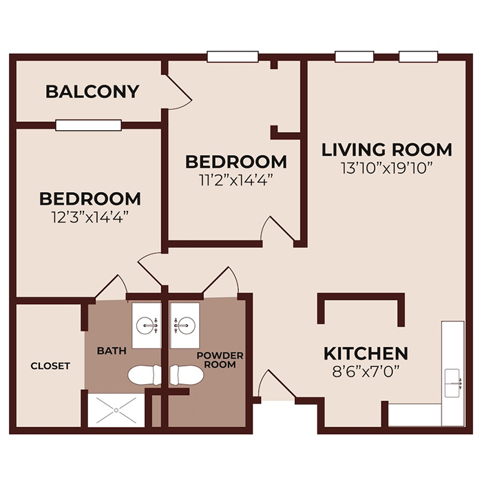 Floor plan of a two-bedroom apartment with a balcony, living room, kitchen, full bathroom, and powder room. Bedrooms and living room are adjacent, with kitchen and baths near the entrance. Room dimensions are labeled.
