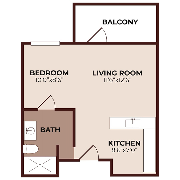 Floor plan of a one-bedroom apartment with a bedroom, bathroom, kitchen, living room, and balcony. Bedroom and living room are adjacent; balcony is off the living room; kitchen is near the entrance.