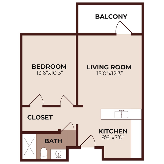 A floor plan of an apartment showing a bedroom with closet, a bath, a kitchen, a living room, and a balcony. Room dimensions are labeled, and doors and fixtures are visible.