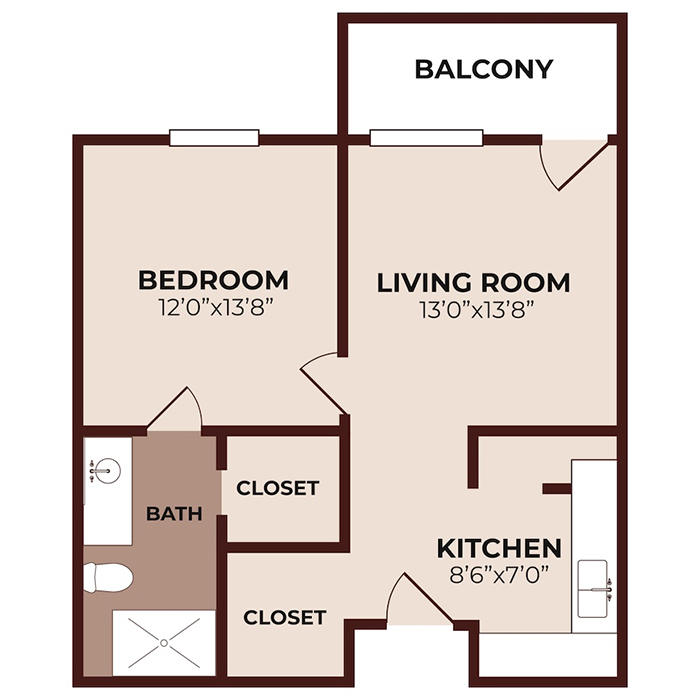 One-bedroom apartment floor plan showing a bedroom, living room, kitchen, bathroom, two closets, and a balcony. The bedroom and living room have measurements, and the kitchen and closets are adjacent to the entry.