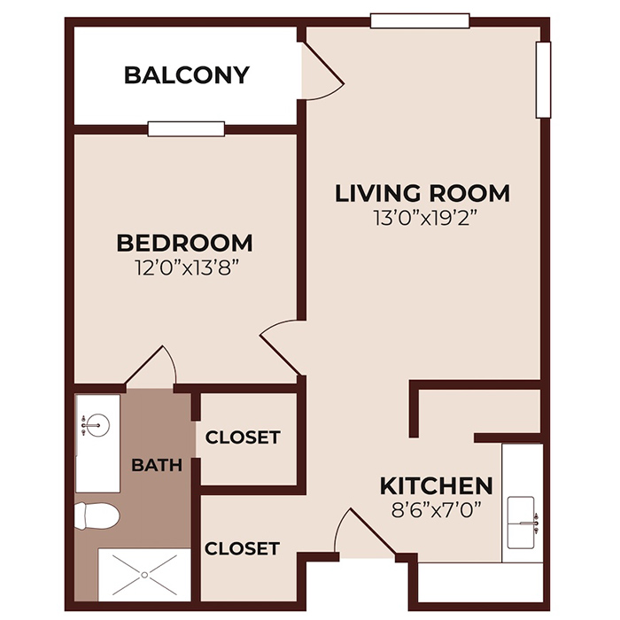 Floor plan of a one-bedroom apartment with a bedroom, living room, kitchen, bath, two closets, and a balcony. Bedroom is 12'0"x13'8", living room is 13'0"x19'2", kitchen is 8'6"x7'0".