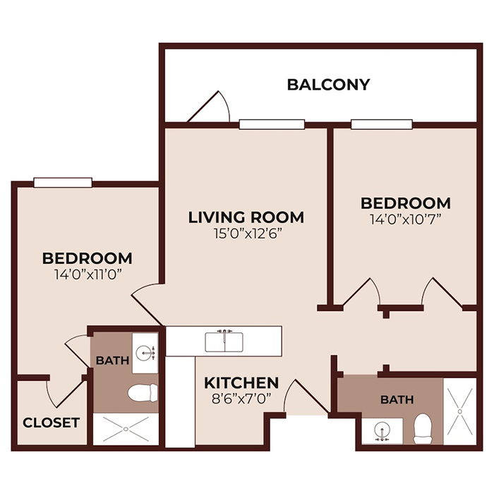 Floor plan of a two-bedroom, two-bath apartment featuring a kitchen, living room, closet, and balcony. Each room is labeled with its dimensions, and the layout shows connected living spaces.