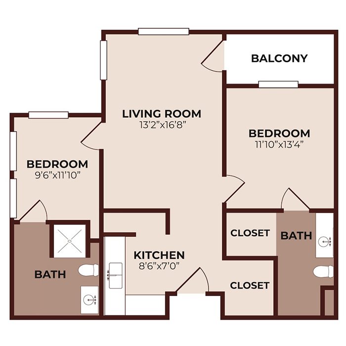 Floor plan of a two-bedroom apartment, featuring a living room, kitchen, two bathrooms, two closets, a balcony, and labeled room dimensions. The living room connects most rooms and leads to the balcony.