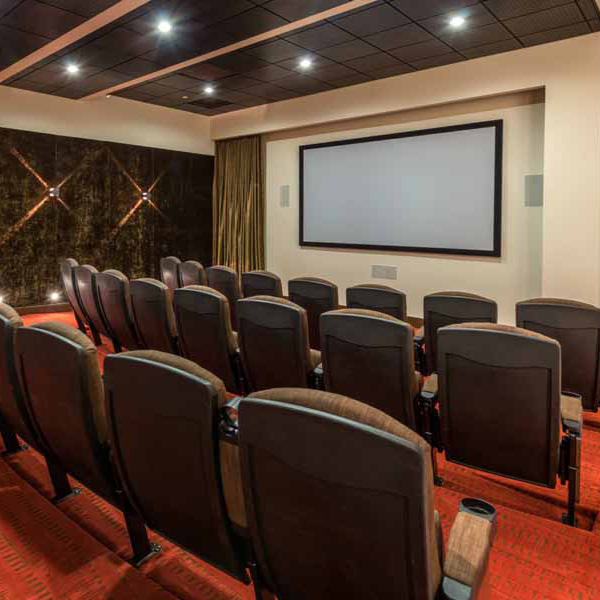 A small movie theater room with rows of empty cushioned seats facing a large blank screen, red carpeted floor, and dim wall lights.